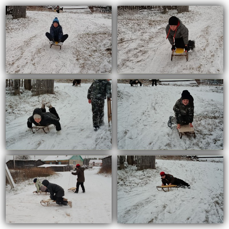 Первое катание на санках с горки